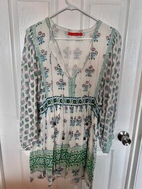 Oliphant White Dress with Green and Teal Floral Print